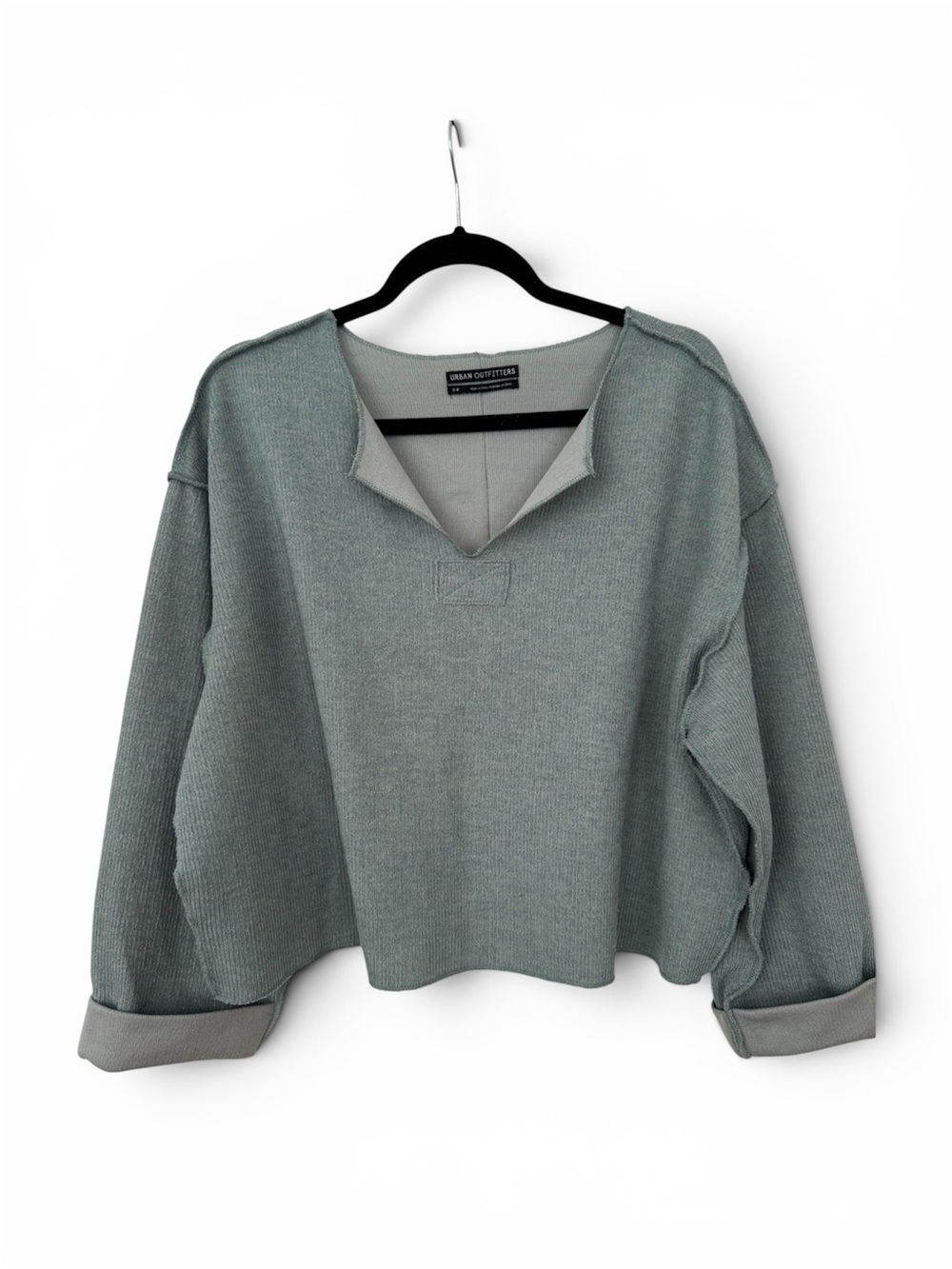 Urban Outfitters Sage Green Split Neck Knit Top Long Sleeve Roll Cuff Size Small